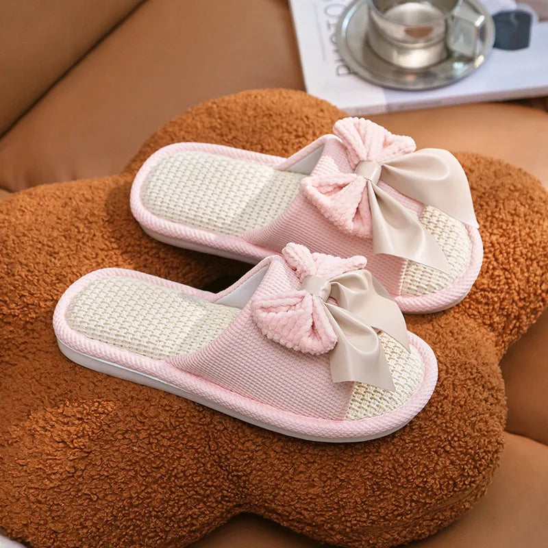 Chaussons d'été décontractés en lin pour femmes avec nœud multicolore fantaisie, antidérapants, à enfiler, pour la maison, pour filles, design simple et mignon