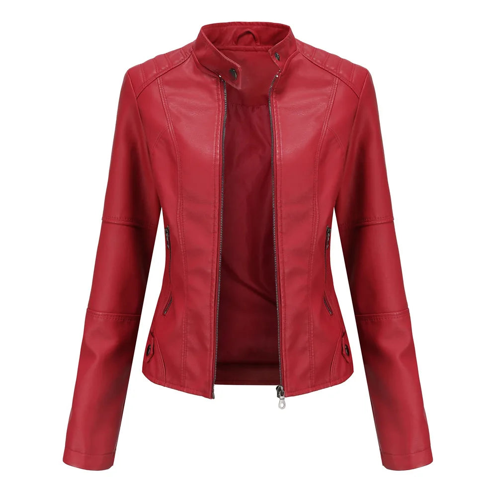 Blouson en cuir slim pour femme avec col montant, style motard, fermeture éclair noire, idéal pour l'extérieur en automne