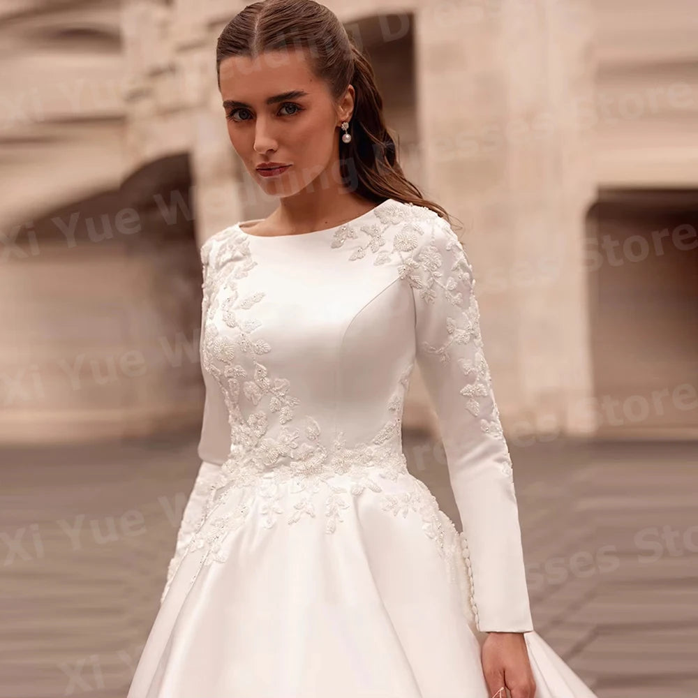 Robe De Mariée élégante ligne A pour femmes, col rond, avec des Appliques, manches longues, en Satin, personnalisée