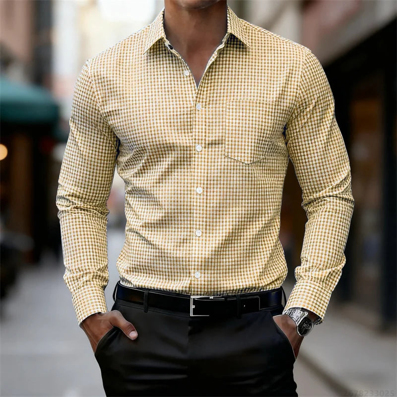 2025 Chemise à manches longues à carreaux fins bleu et blanc pour hommes d'affaires décontractée, coupe ajustée, chemise élégante pour hommes, disponible en 11 couleurs