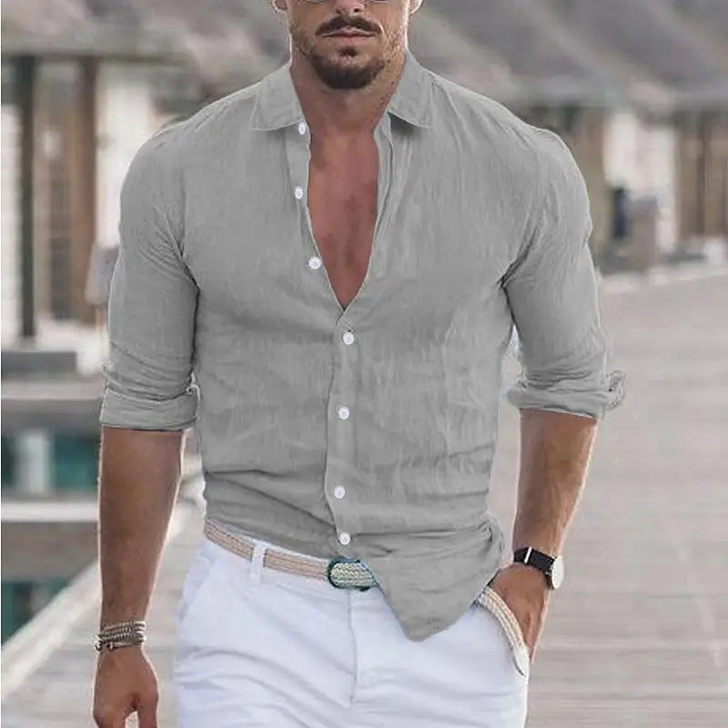 Chemisier hommes nouvel été coton lin revers plage chemise col rabattu à manches longues couleur unie vacances blusas camisas YRW5899
