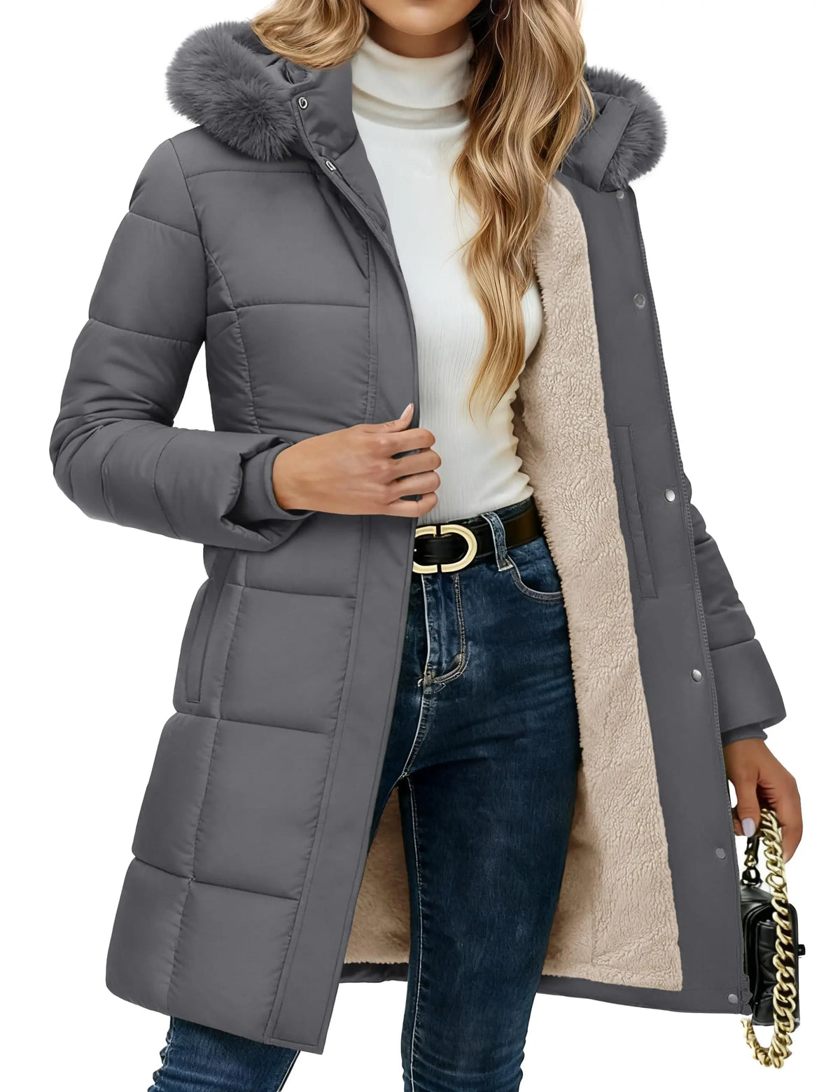 Manteau d'hiver pour femme TACVASEN, doublé en sherpa, coupe-vent, mi-long, matelassé, chaud, avec capuche en fourrure amovible