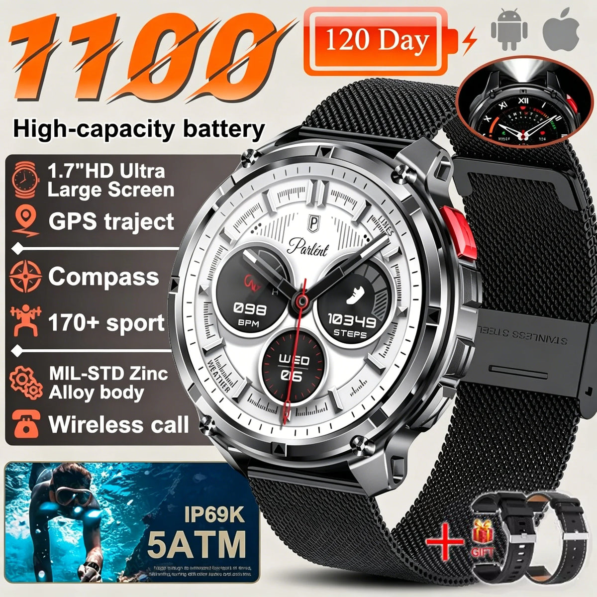 Nouvelle montre connectée T-REX3 Ultra avec batterie 1100mAh, étanche 10ATM, GPS, boussole, lampe de poche, écran AMOLED HD de 1,7 pouces, appels, montre connectée sport pour hommes