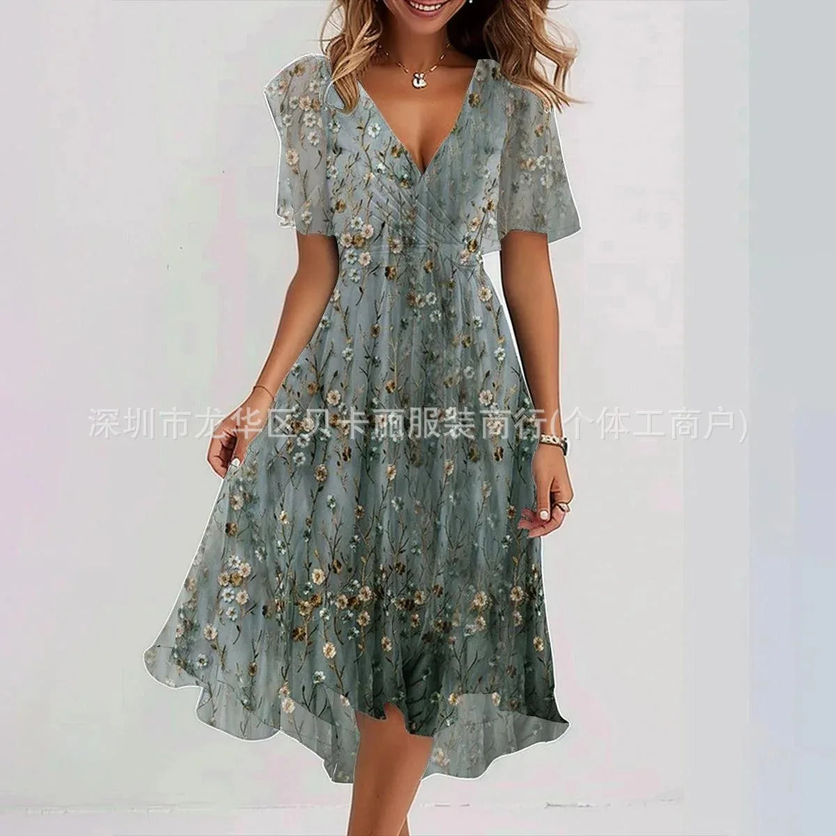 Robe de soirée bohème élégante à imprimé floral, col en V, manches courtes, longueur genou, Vestidos BKLFZ-1616