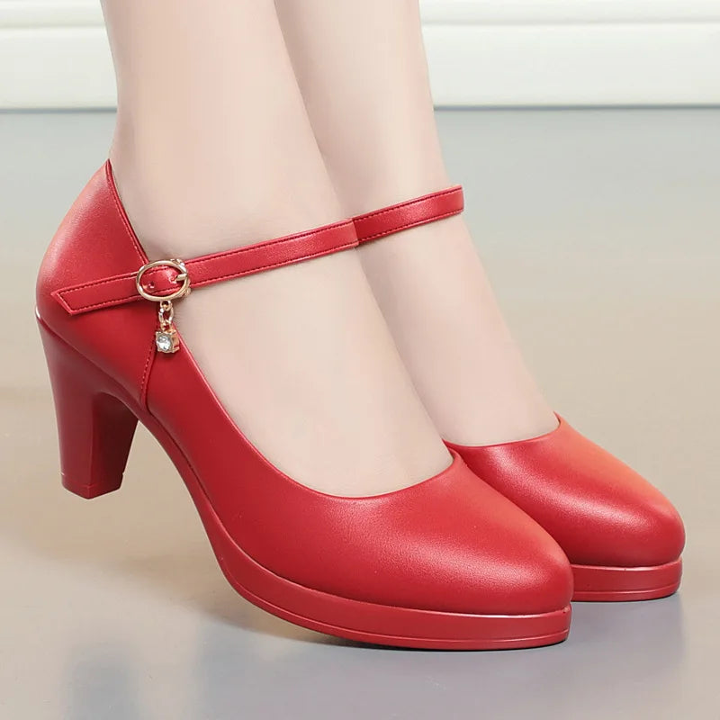 Chaussures de mariage femme en cuir souple respirant, talon bloc moyen 6,5 cm, plateforme 2026, couleur argent et rouge, pour le bureau et les mamans