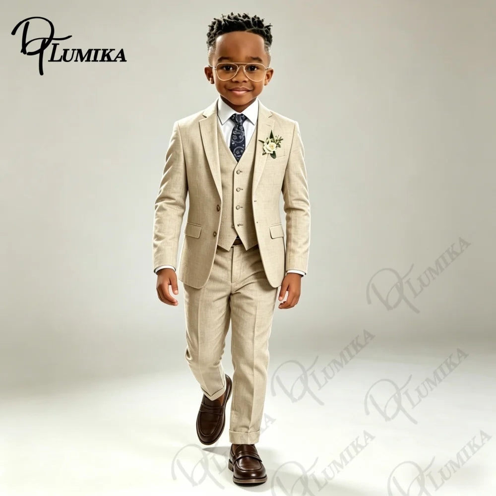 Costume élégant en lin beige pour garçons, ensemble 3 pièces avec cravate florale bleue, smoking formel haut de gamme pour mariage, porteur d'alliances, occasions spéciales d'été