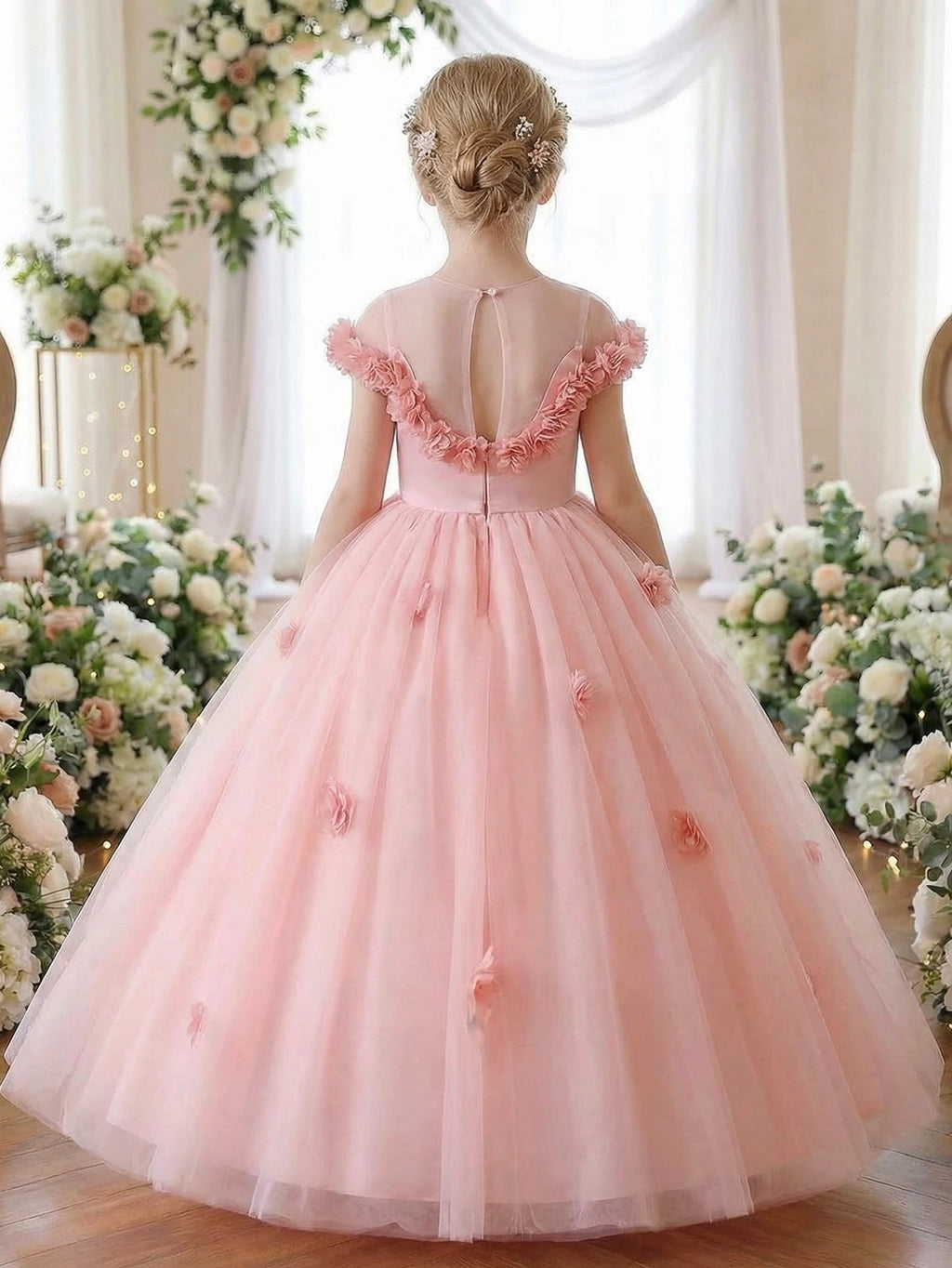 Robe de princesse florale pour adolescentes, ornée de fleurs 3D, confectionnée en tulle luxueux, idéale pour les fêtes et les mariages