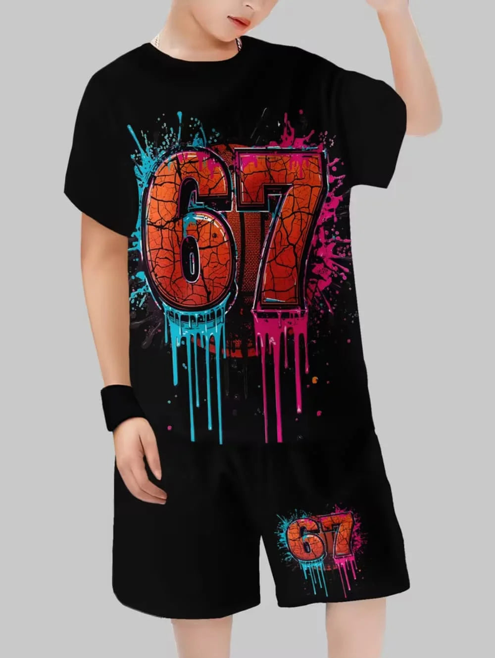 Ensemble 2 pièces pour enfants : T-shirt à manches courtes et short imprimé chiffres 6 et 7, style 'Brainrot' italien amusant, pour garçons