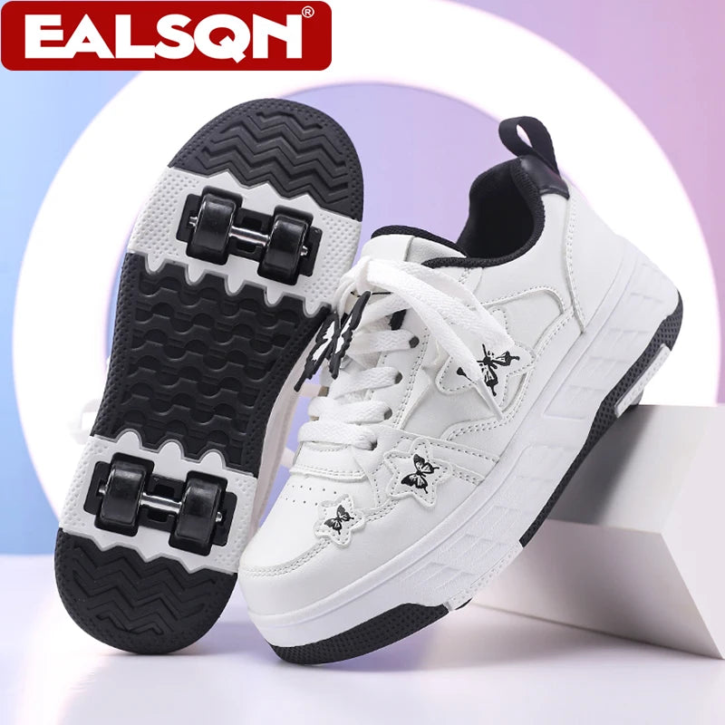 Chaussures de marche à 4 roues avec motifs papillons, baskets de sport d'extérieur pour enfants, rollers pour adolescents et filles, divertissement