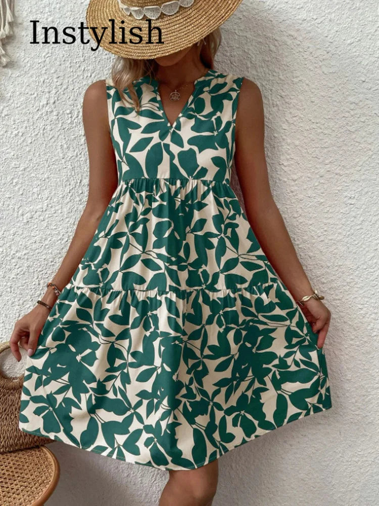 Femmes Boho imprimé Mini robe été élégant sans manches col en V à volants une ligne débardeur décontracté ample surdimensionné plage fête robe d'été