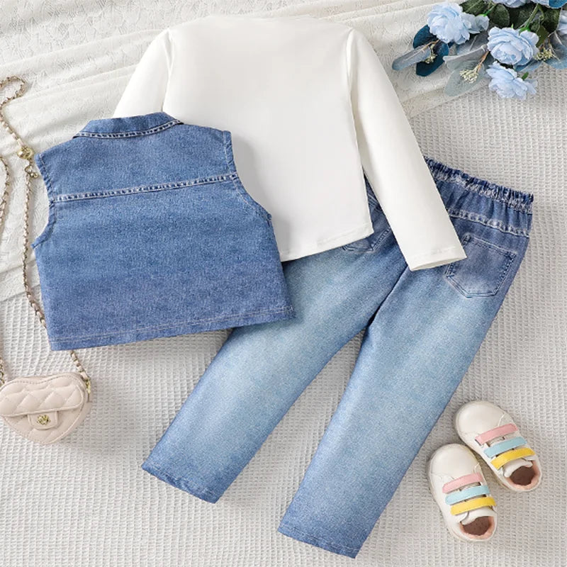 Ensemble tendance et décontracté pour enfants, printemps et automne, nouveau modèle, ensemble veste en jean imitation pour filles, pantalon long décontracté, ensemble trois pièces