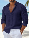 Chemises à manches longues pour hommes en coton et lin, vente chaude, couleur unie, col montant, style décontracté plage, grande taille