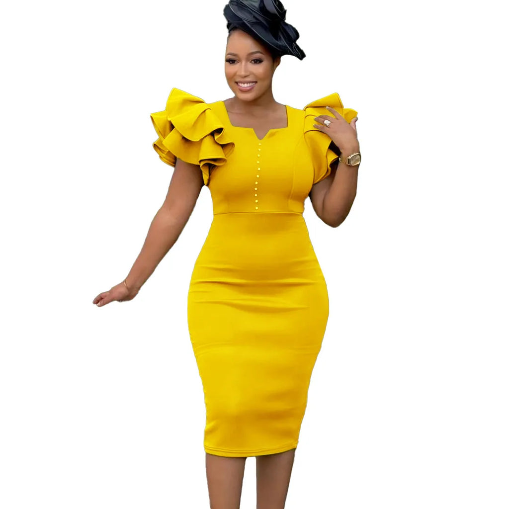 Robe de soirée élégante pour femmes, mode d'été, manches Lotus perlées, enveloppée sur les hanches, Style cascade