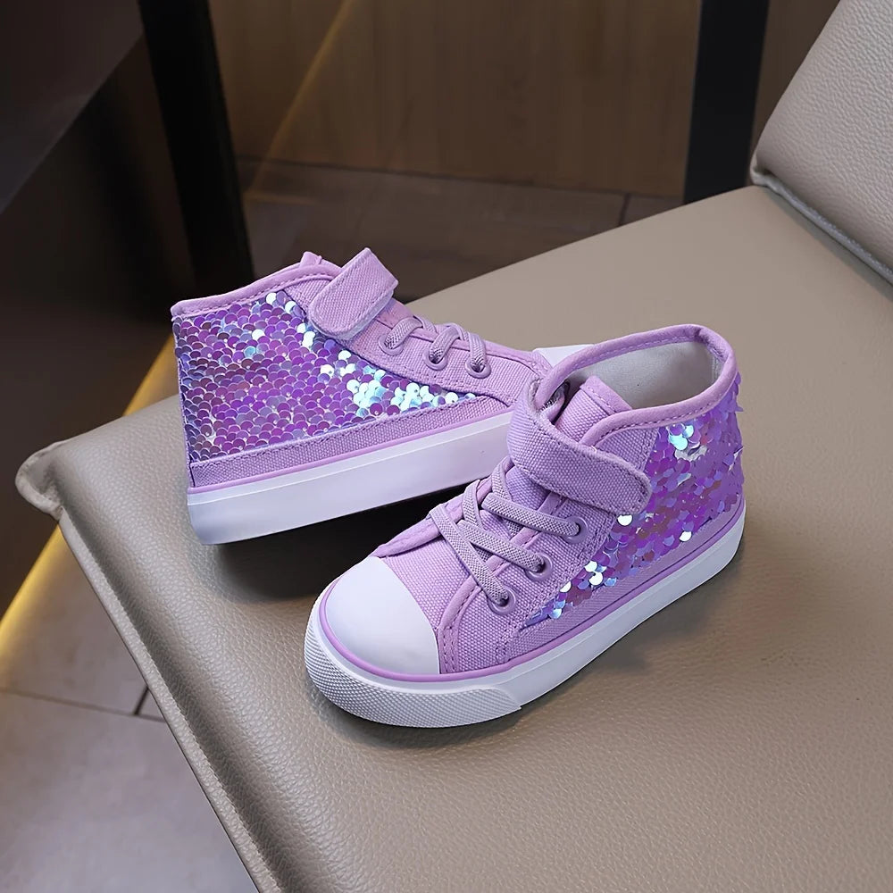 COMFY KIDS Filles 3-12 ans Violet Échelle holographique Style Princesse Chaussures en toile mi-hautes Sangle réglable Doux Confortable Vêtements toutes saisons Performance de fête Chaussures décontractées
