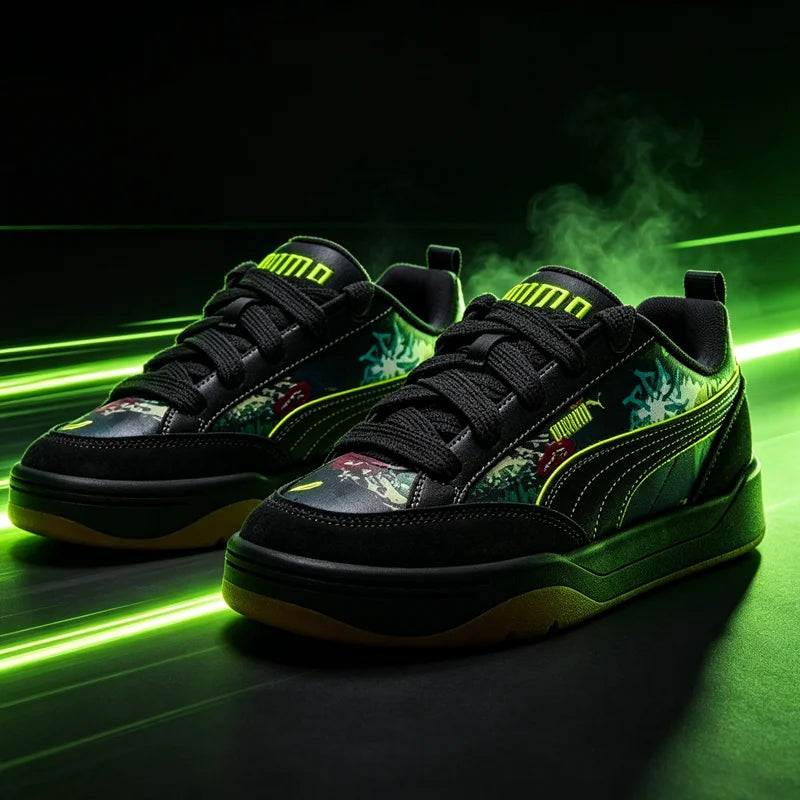 Chaussures de skate Puma Low à imprimé graffiti pour hommes et femmes, en daim noir avec bordure néon, semelle en caoutchouc, streetwear, skateboard, baskets décontractées
