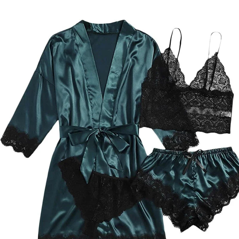 Pyjama Sexy pour femmes, chemises de nuit, Lingerie, short, 4 pièces, Camisole en dentelle, ensemble pyjama, Robe de maison, vêtements de loisirs