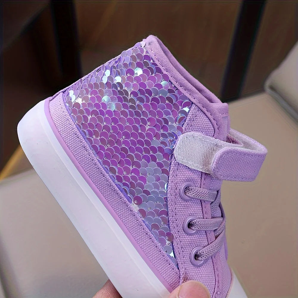 COMFY KIDS Filles 3-12 ans Violet Échelle holographique Style Princesse Chaussures en toile mi-hautes Sangle réglable Doux Confortable Vêtements toutes saisons Performance de fête Chaussures décontractées