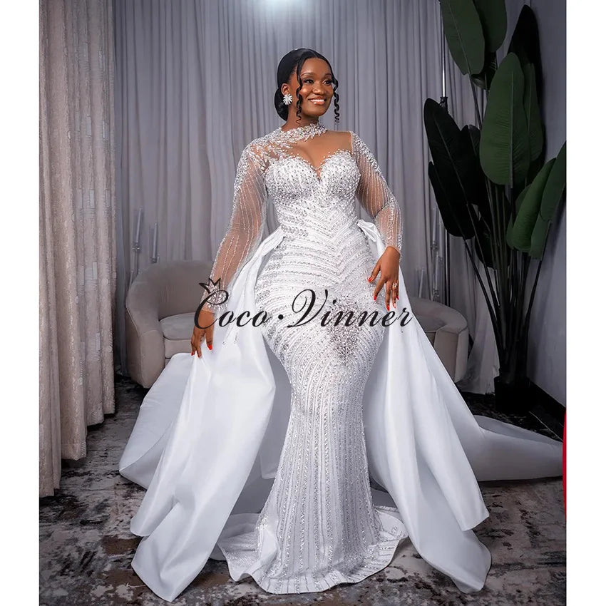Robe de mariée sirène exquise brodée de dentelle perlée personnalisée avec jupe détachable, nouvelle collection 2026, robes de mariée 2-en-1 W1539