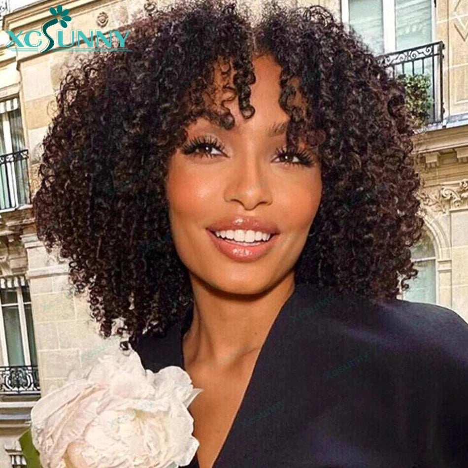 Perruques de cheveux humains bouclés crépus avec frange pour femmes noires, perruque naturelle, brésilienne, fabriquée à la machine, cuir chevelu rond