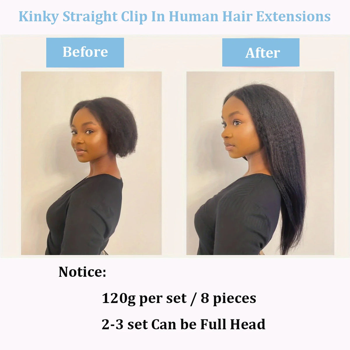 Extensions de cheveux humains crépus lisses, couleur naturelle, 100% cheveux humains Remy, 120G, 8 pièces/ensemble, tête complète pour femmes