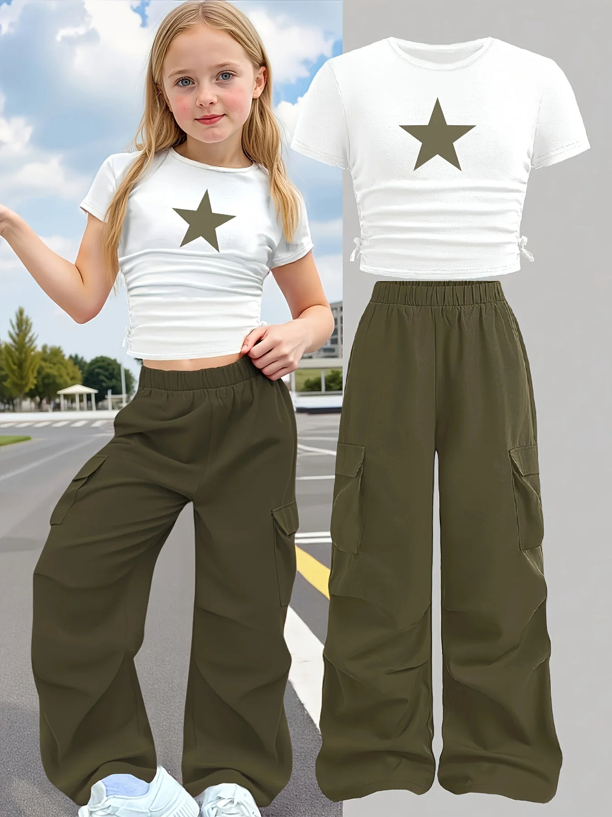 Nouvel ensemble d'été 2 pièces : T-shirt à manches courtes à col rond et coupe ajustée imprimé étoiles et pantalon large (Ensemble décontracté élégant pour filles)