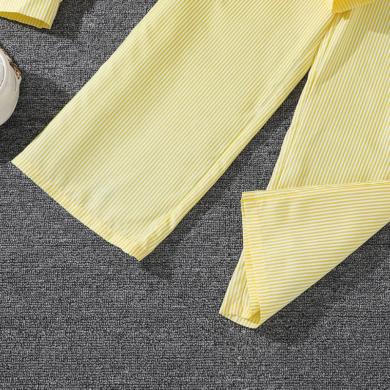 Haut à manches longues rayé jaune pour enfants, pantalon rayé jaune imbibé, étiquettes simples classiques, printemps et automne, filles de 4 à 12 ans