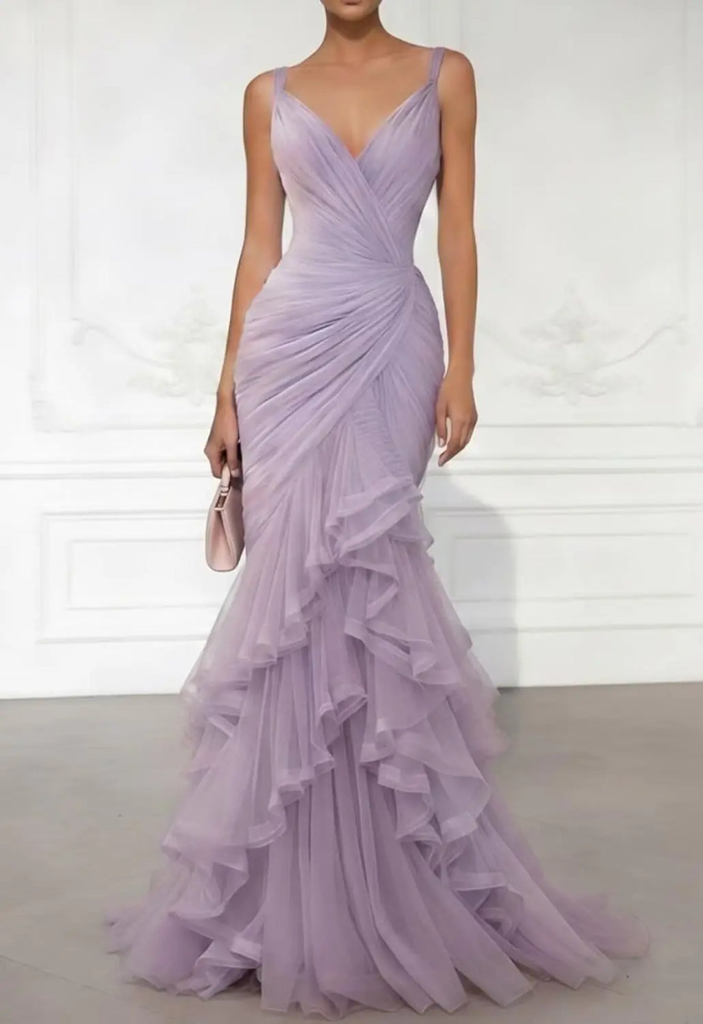 Robe de bal sirène personnalisée en tulle avec bretelles spaghetti, volants étagés, col en V, pour soirée formelle