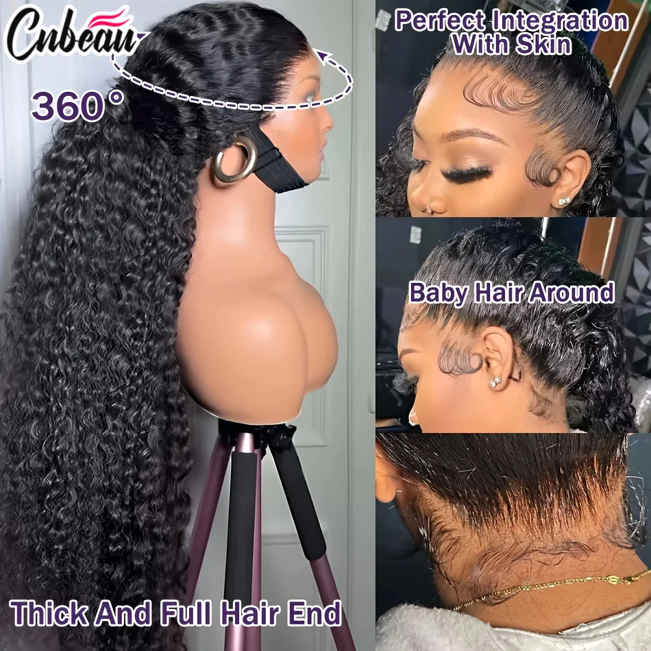 Perruque 360 Full Lace 250% 18-36 pouces avec sangle invisible, cheveux humains bouclés profonds, cordon de serrage réglable, dentelle HD, sans colle