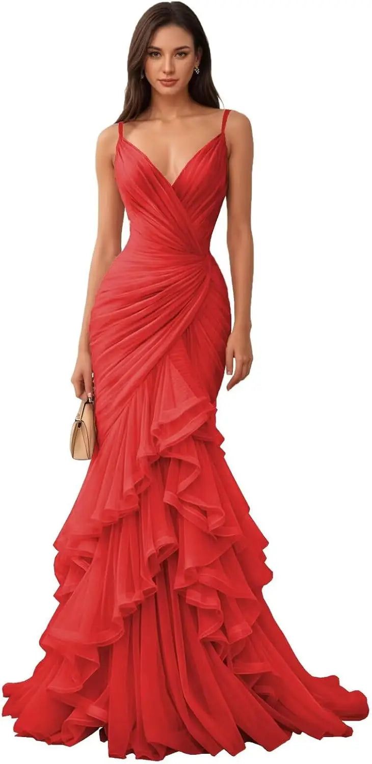 Robe de bal sirène personnalisée en tulle avec bretelles spaghetti, volants étagés, col en V, pour soirée formelle