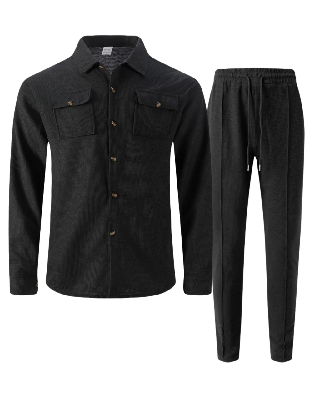 Ensemble chemise et pantalon cardigan boutonné à double poche, gaufré, manches longues, couleur unie, nouveau style d'automne