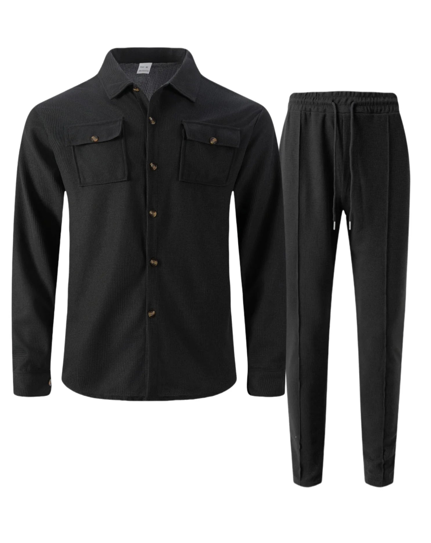 Ensemble chemise et pantalon cardigan boutonné à double poche, gaufré, manches longues, couleur unie, nouveau style d'automne