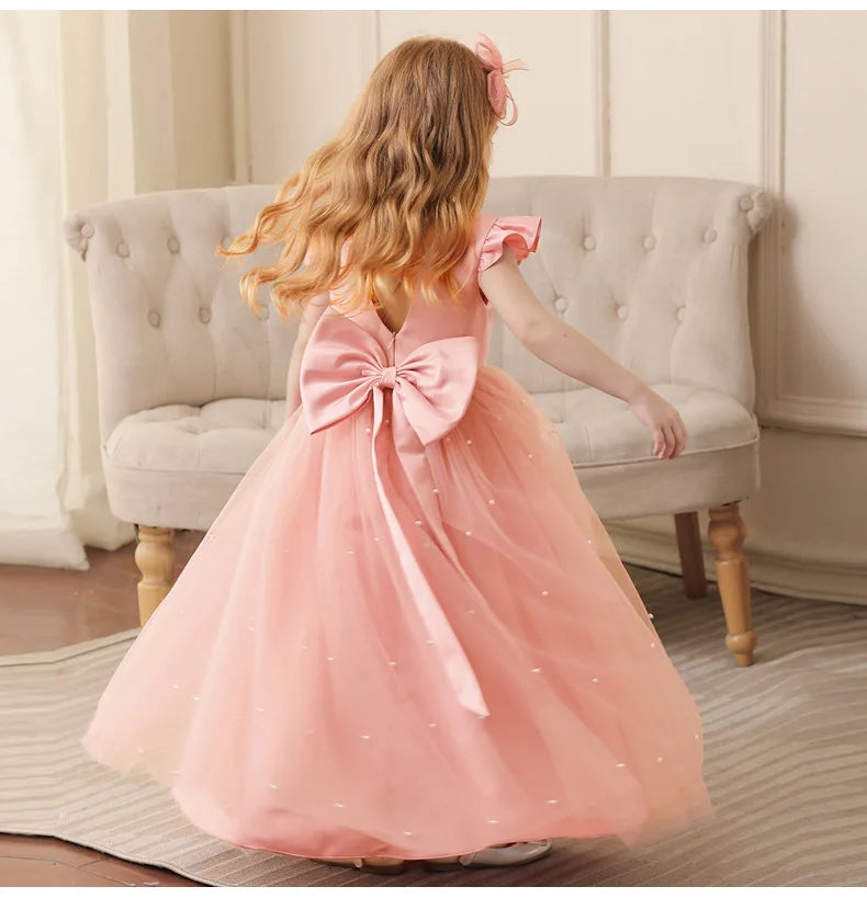 Robe de princesse d'été en tulle à fleurs pour fille, dos nu, avec nœud, pour anniversaire, mariage, piano, fête, ou tenue de cérémonie pour bébé fille