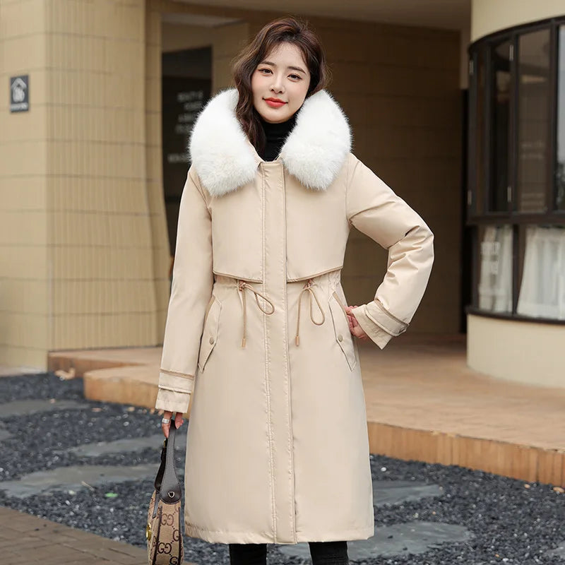 Parkas d'hiver doublés de coton coréen pour femmes, col en fausse fourrure, vestes à capuche, manteau rembourré en coton chaud, coupe-vent féminin, 2023