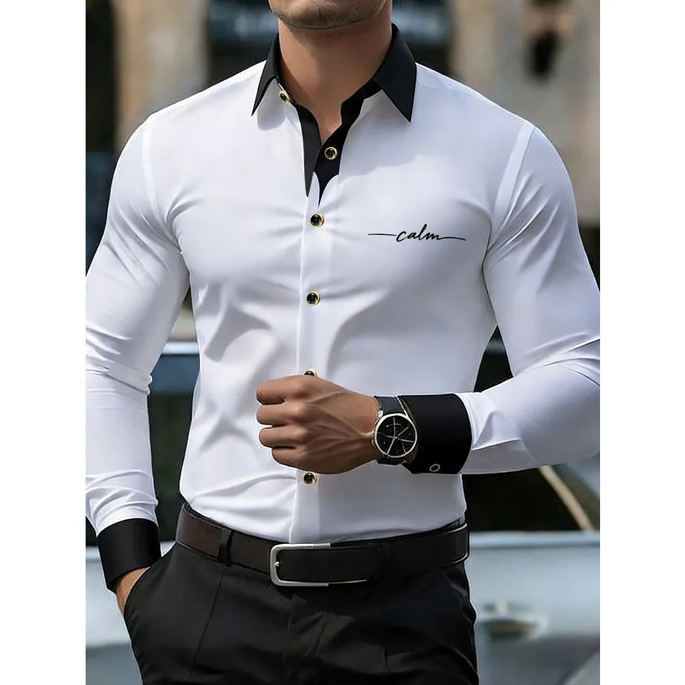 Chemise Homme FGKKS – Nouvelle Collection Imprimée Tendance, Style Décontracté Chic, Manches Longues, Patchwork, Micro-Élastique, Blanche