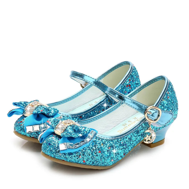 Chaussures princesse en cuir pour filles, chaussures à fleurs décontractées à paillettes, talons hauts, nœud papillon, bleu, rose, argent