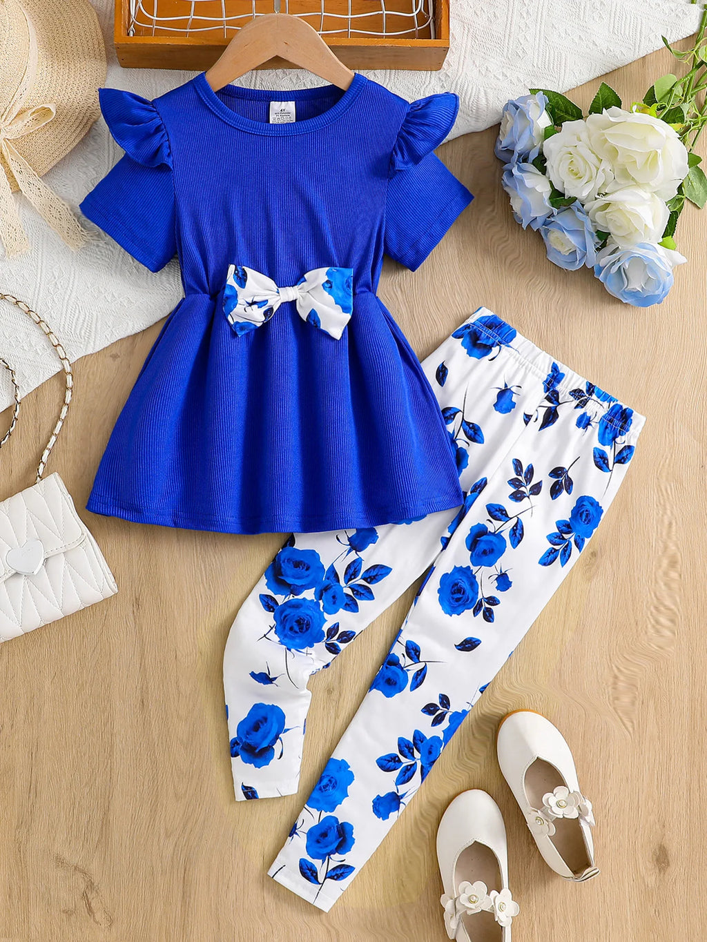 Ensemble 2 pièces pour filles, haut tricoté à manches volantes et col rond + pantalon décontracté imprimé Rose, nouvelle collection été