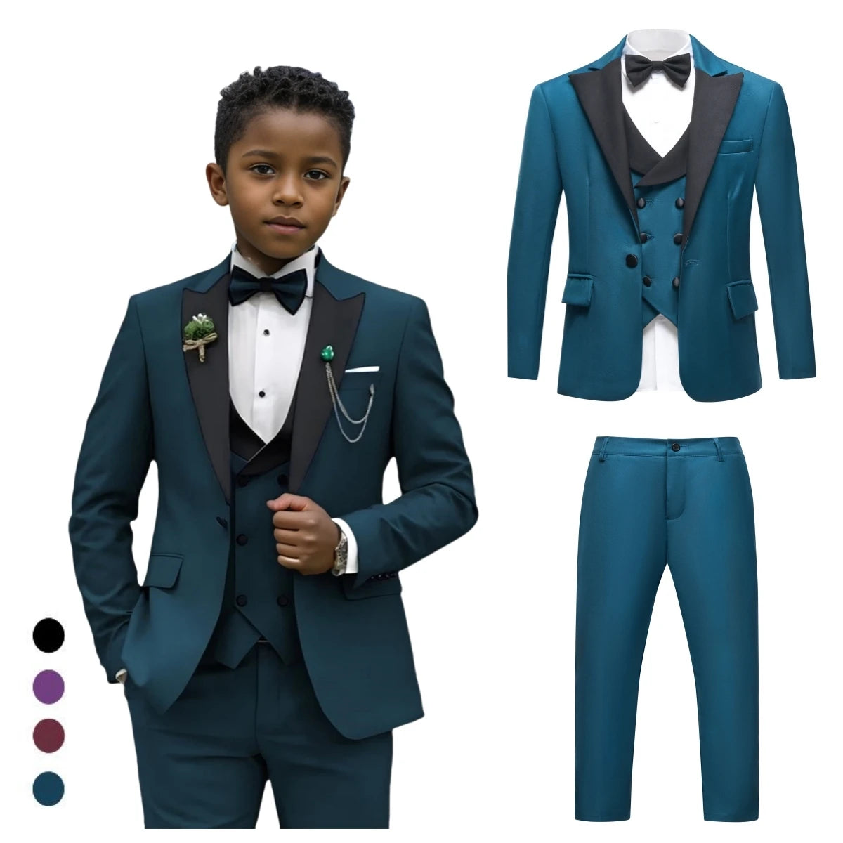 Ensemble de costume vintage 4 pièces pour garçons de 3 à 14 ans, ensemble de smoking formel pour enfants Black Peak Laple, blazer, gilet, pantalon, costume de remise de diplôme avec nœud papillon