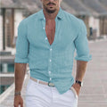 Chemisier hommes nouvel été coton lin revers plage chemise col rabattu à manches longues couleur unie vacances blusas camisas YRW5899