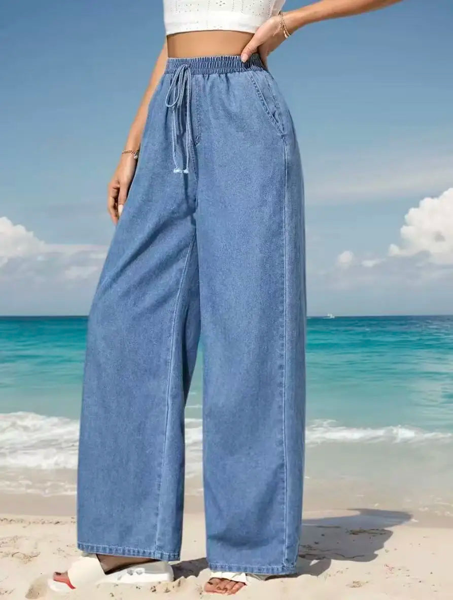 Jeans à jambes larges et taille élastique pour femmes