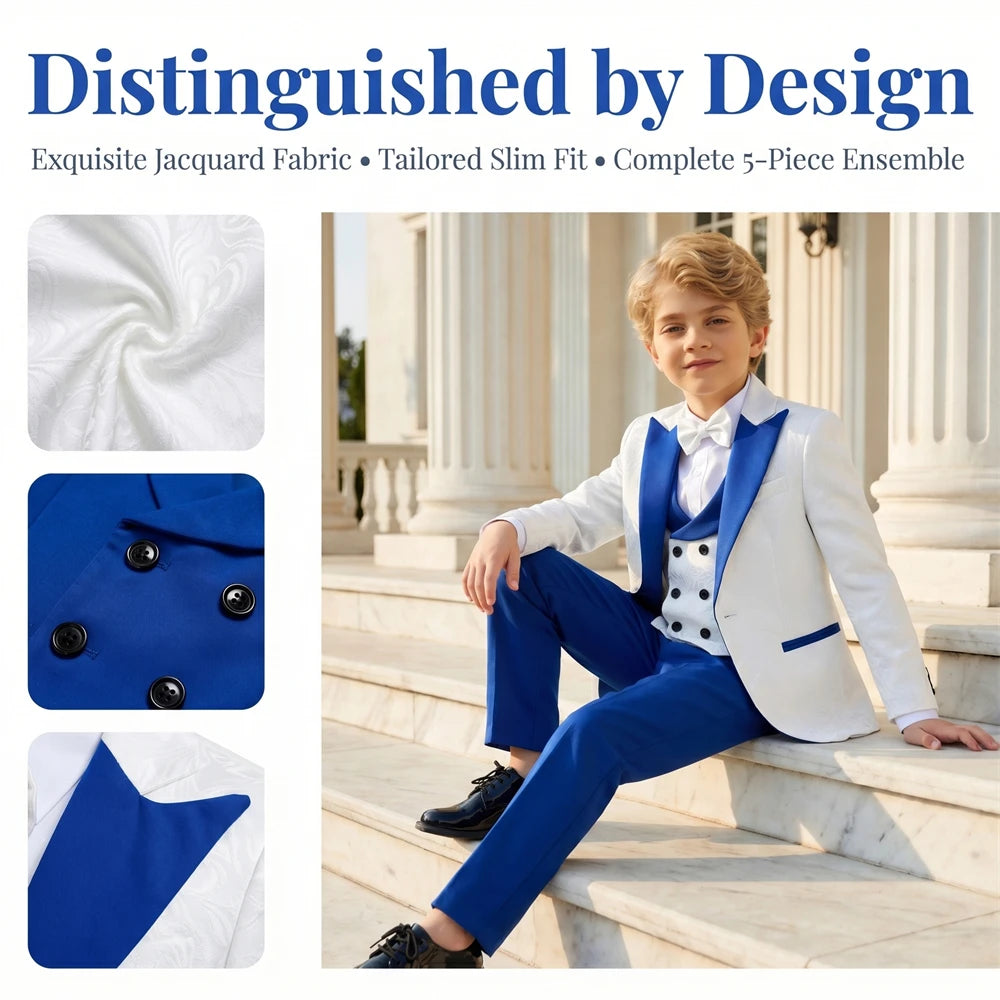 Ensemble de costume jacquard de luxe 5 pièces pour garçon, idéal pour les occasions formelles et les mariages (garçon d'honneur) - Veste, gilet, pantalon, nœud papillon et cravate - Expédition aujourd'hui