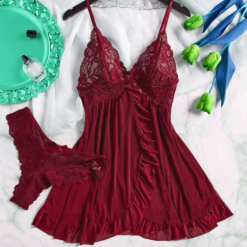 Ensemble de lingerie féminine S-2XL en dentelle, comprenant une nuisette à bretelles spaghetti et col en V, des culottes transparentes et un kit de pyjama intime