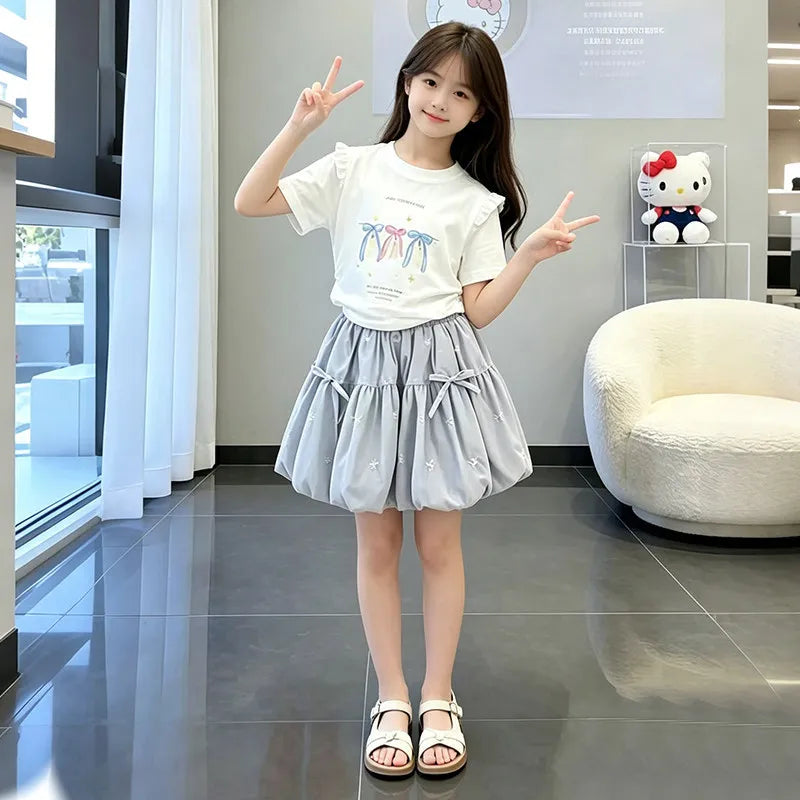 Ensemble 2 pièces été 2026 pour filles, tenue enfant adolescente, t-shirt ample à manches courtes avec nœud + jupe tutu, pour 4, 5, 8, 9, 10, 11, 12 ans
