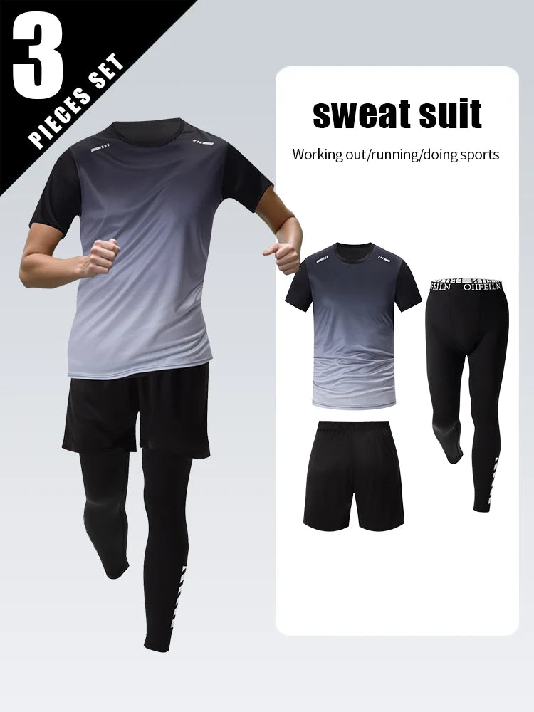 Combinaison de sport dégradée pour hommes, 3 pièces, séchage rapide, loisirs, sport, course à pied, manches courtes, pantalon de Protection solaire confortable, Short Joker