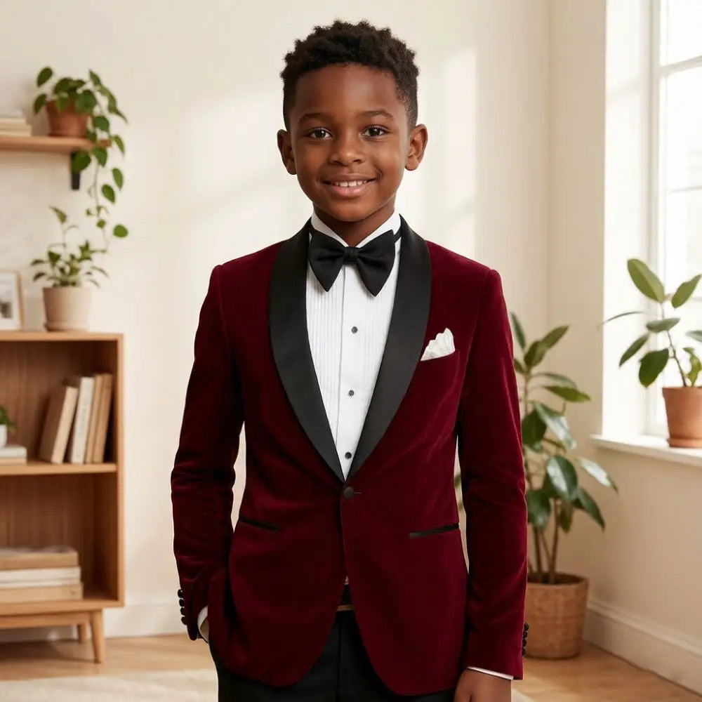Costumes en velours pour garçon, coupe ajustée, 2 pièces, smoking de mariage pour enfant, assorti, un bouton, plusieurs poches, pour fête, défilé, sur mesure