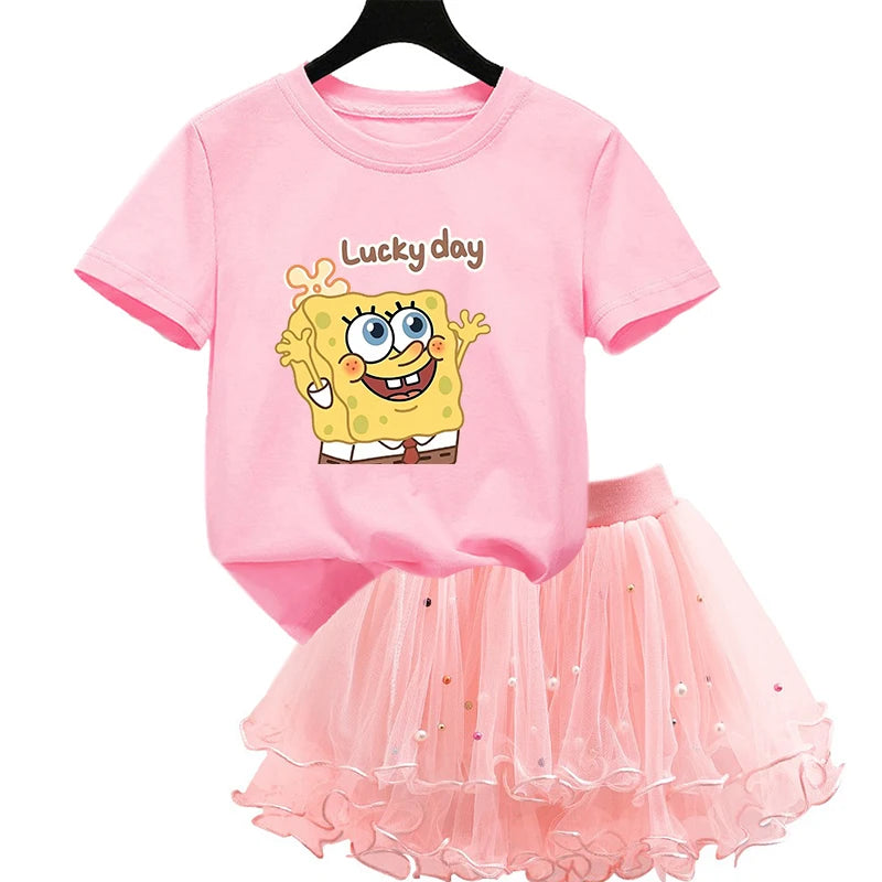Robe Bob l'éponge pour filles, vêtements d'anniversaire pour enfants, robe de princesse de fête, T-shirt + jupe Tutu, cadeau de soirée d'été, 2 pièces/ensemble
