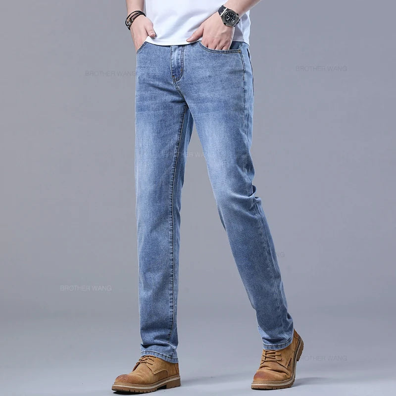 Printemps hommes bleu clair jean mince élégant décontracté tissu extensible Denim pantalon classique pantalon fumée gris