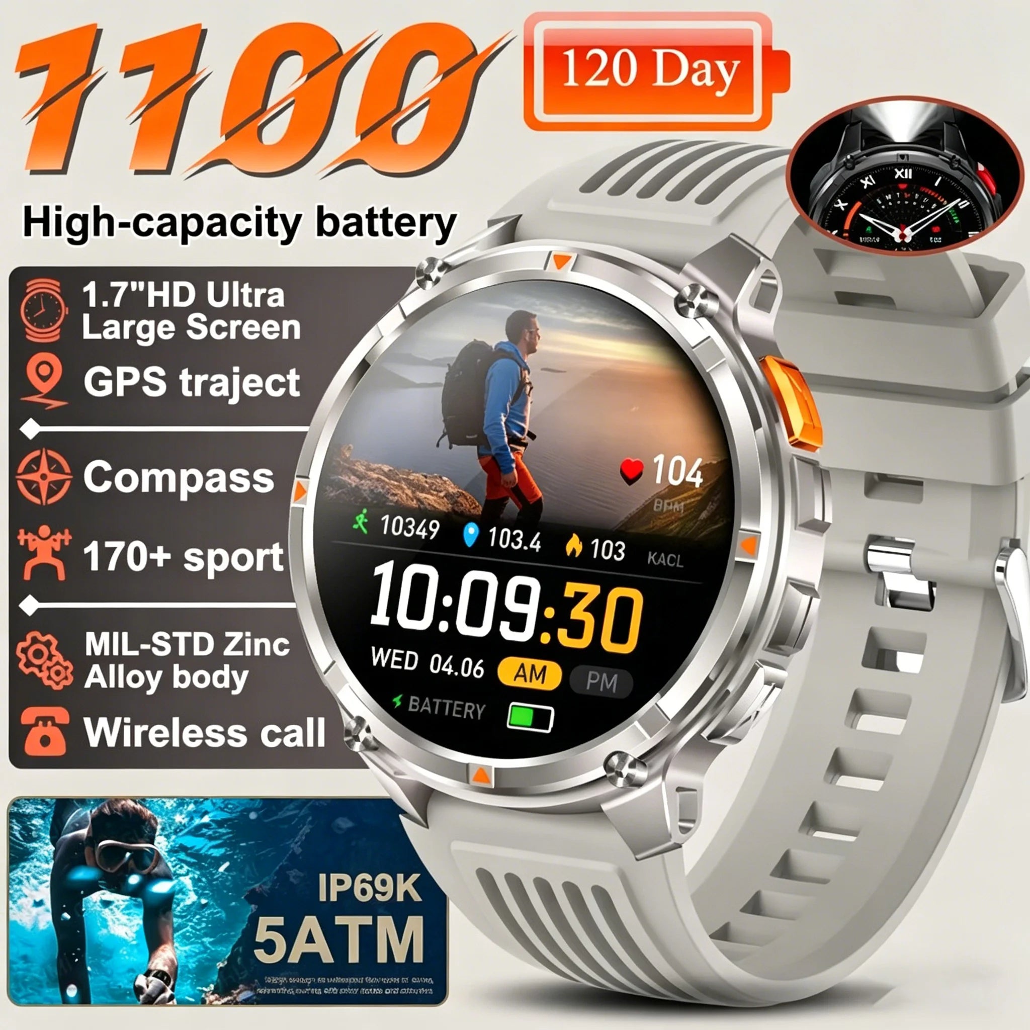 Nouvelle montre connectée T-REX3 Ultra avec batterie 1100mAh, étanche 10ATM, GPS, boussole, lampe de poche, écran AMOLED HD de 1,7 pouces, appels, montre connectée sport pour hommes
