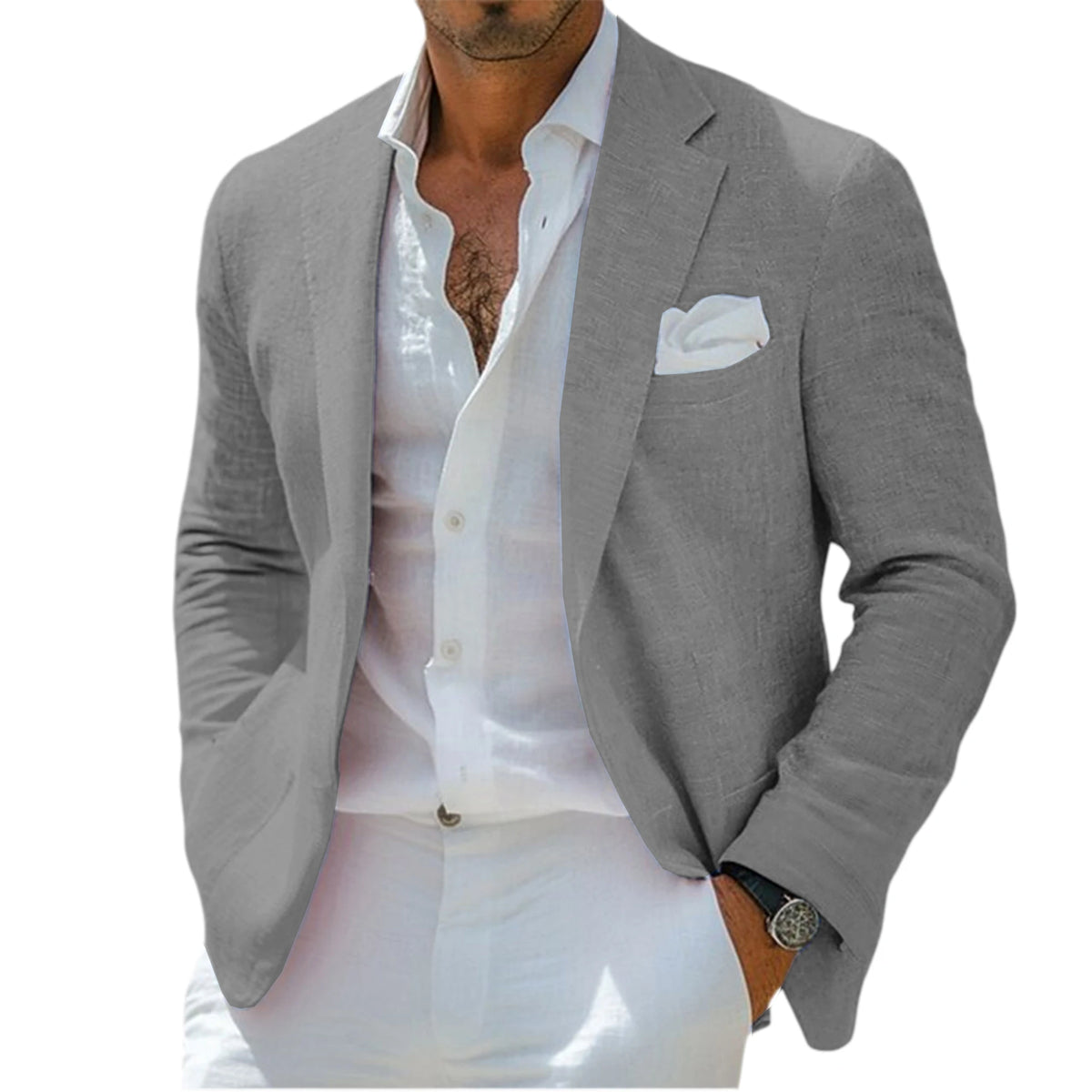 Blazer en lin pour homme, revers cranté, 2 boutons, coupe ajustée, veste de costume légère et respirante, idéale pour l'été, la plage, les mariages, le sport ou le quotidien