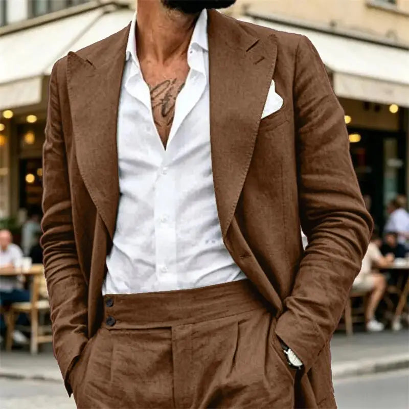 Ensemble de costume en lin 2 pièces pour homme – Coupe ajustée décontractée légère pour l'été – Blazer et pantalon pour la plage, mariage, bal de promo, soirée