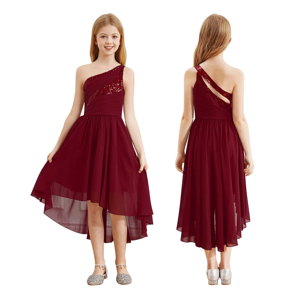 Robe d'été en mousseline de soie pour filles, tenue de princesse à paillettes, asymétrique épaule dénudée, sans manches, robe Maxi de demoiselle d'honneur junior, robes de fête de mariage